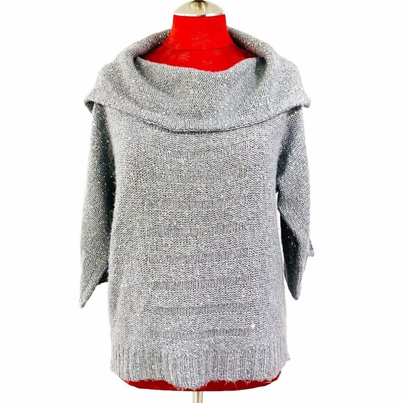 Chico's Size 1/M/8 Cowl Neck Sweater Silver Sequin Embellished Soft Gray Knit - Picture 1 of 13